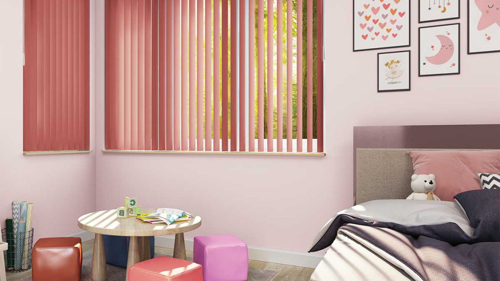 Vertical blinds in Merlot Red, cordless and perfect for a child's room